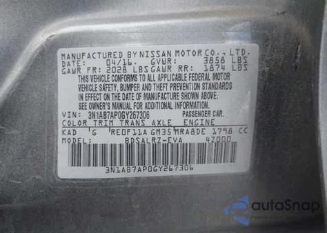 2016 Nissan Sentra Fe+ S/S/Sl/Sr/Sv z USA, uszkodzony, nr VIN 3N1AB7AP0GY267306